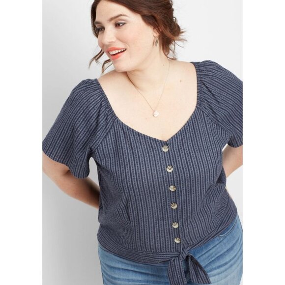 Maurices Top Size 1X Striped Short Sleeve Button Up Tie Front Navy Blue Gray - Picture 1 of 9